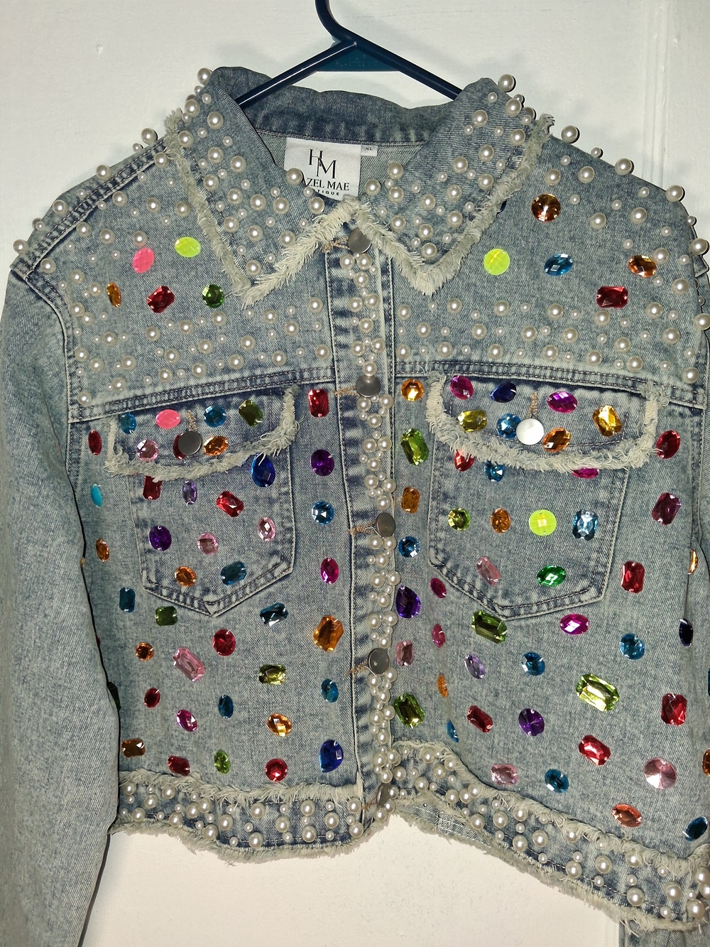 Handmade Embellished Cropped Denim Jacket with Pearls & Multicolor Gems Boutique - Picture 1 of 7